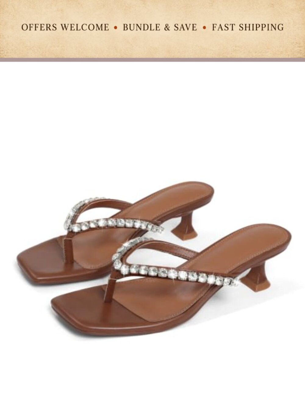 Kitten Heels Flip Flop Rhinestone Thong Sandals Square Open Toe Low Heel Slip On